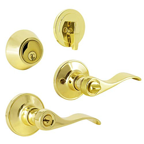 Keyed Alike Entry Door Lever with Lock and Deadbolt Combination Set  Front Door Entry Lever Lockset and Single Cylinder Deadbolt in Polished Brass Entrance Lock Lever Combo Pack for Front Back Door