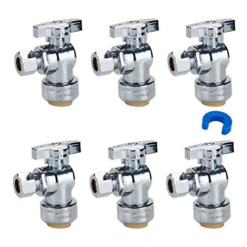 SUNGATOR 6 Pack Angle Stop Valve  1 2  Ptc x 3 8  Compression Push Fit Angle Shut Off Water Valve with Disconnect Clip  Push to Connect PEX  Copper  CPVC  Quarter Turn ON Off  Lead Free Brass