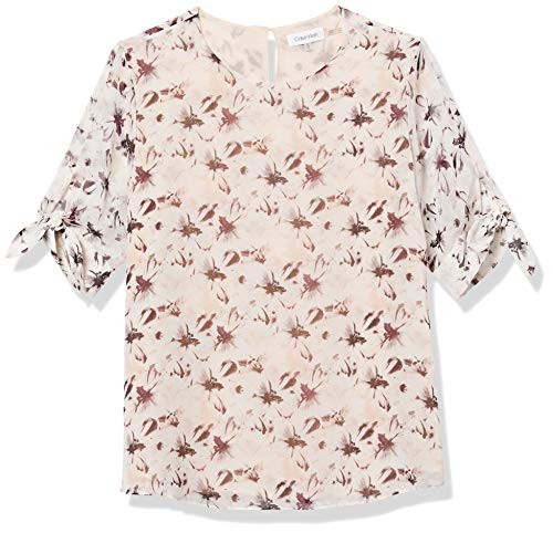 Calvin Klein Women s Printed Short Sleeve Top with Knot Detail  BLSH FLRL  Medium