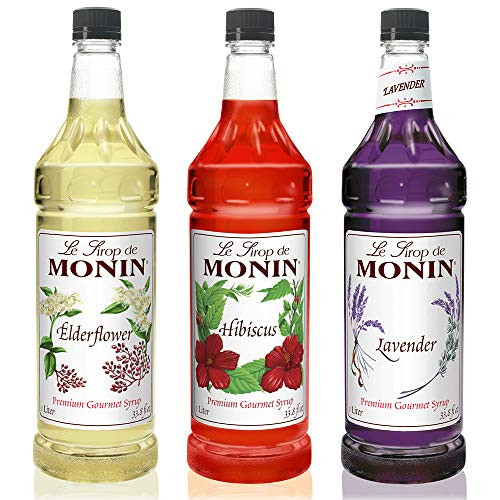 Monin   Floral Variety Pack  Lavender  Elderflower    Hibiscus Syrup  Floral Flavors  Great for Cocktails  Mocktails  Teas    Lemonades  Gluten Free  Vegan  Non GMO  1 Liter Per Bottle  3 Pack