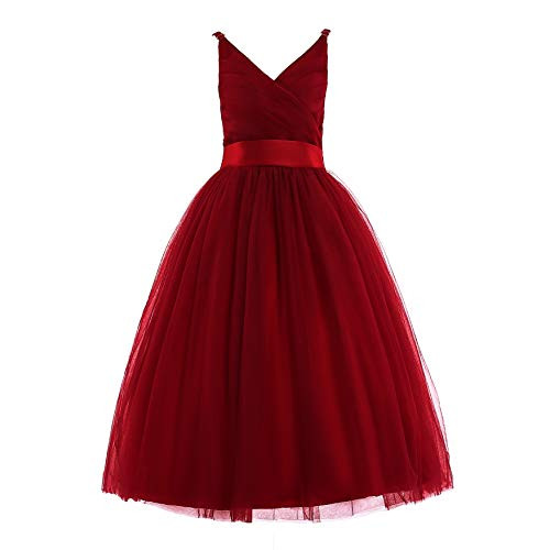 Glamulice Girls Lace Bridesmaid Dress Long A Line Wedding Pageant Dresses Tulle Spaghetti Strap Party Gown Christmas Age 3 16Y  9 10Y  V Wine Red