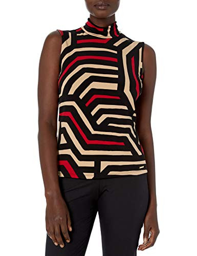 Calvin Klein Women s Sleeveless Printed Mock Neck Knit Top  Camel Multi  X Large