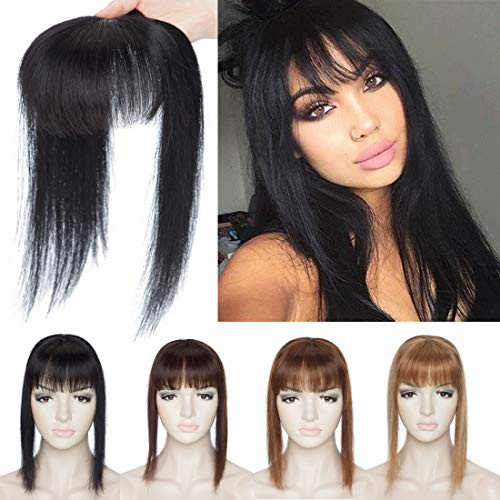 S noilite Mono Topper Hair Piece Human Hair with Bangs for Women Clip in Top Crown Hair Extension Clip on Toupee Hairpiece for Slight Hair Loss Thinning Hair 14 Inch  01 Jet Black