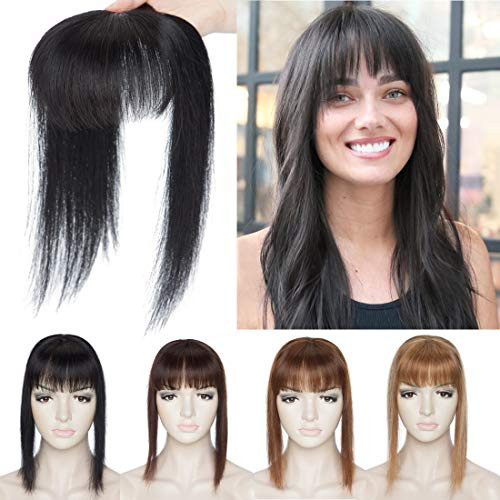 S noilite Mono Topper Hair Piece Human Hair with Bangs for Women Clip in Top Crown Hair Extension Clip on Toupee Hairpiece for Slight Hair Loss Thinning Hair 14 Inch  1B Natural Black