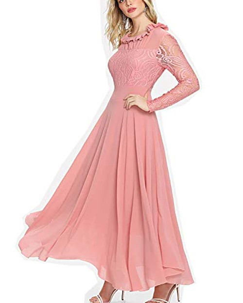 Roiii Women s Formal Floral Lace Chiffon Long Sleeve Ruched Neck Long Dress Evening Cocktail Party Maxi Dress Pink