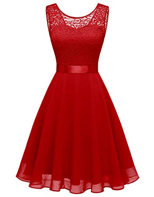 BeryLove Women s Short Floral Lace Bridesmaid Dress A line Swing Party Dress BLP7005RedM