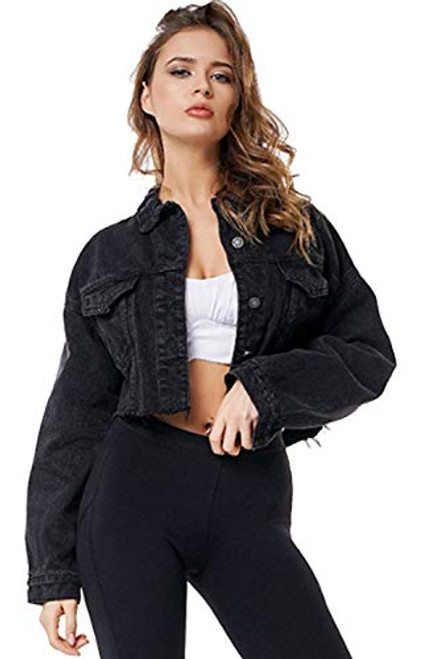 Women Jean Jacket Button Down Distressed Oversized Crop Jeans Denim Jackets Coat Black L