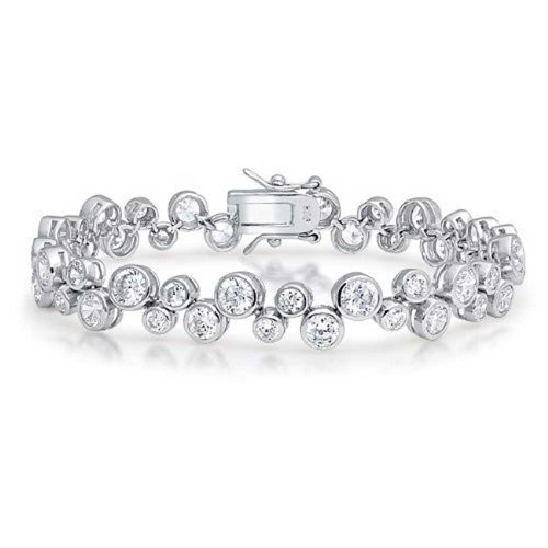 Bling Jewelry Bridal Wedding Prom Round Bubble Zig Zag Cubic Zirconia CZ Tennis Bracelet for Women Girlfriend Silver Plated Brass