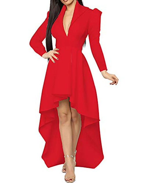 Women s Long Sleeve Tops High Low Hem Tunic V Neck Asymmetrical Irregular Hem Casual Blouse Shirt Dresses Red M