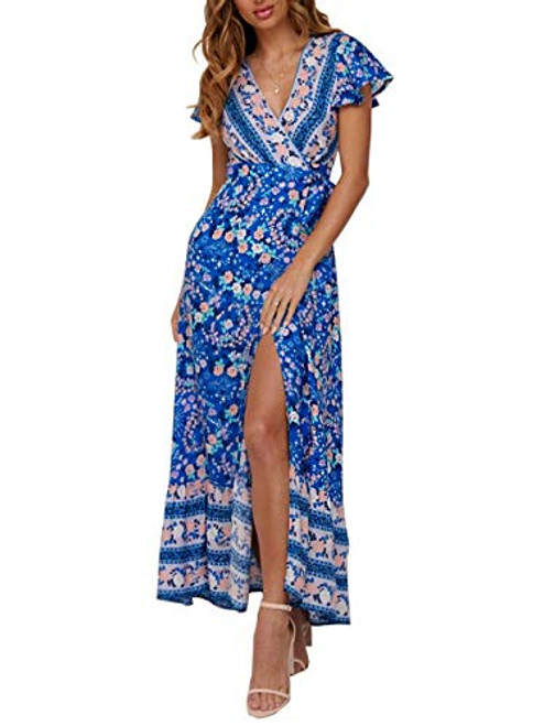 ZESICA Women s Bohemian Floral Printed Wrap V Neck Short Sleeve Split Beach Party Maxi Dress Blue ZESICA Women s Bohemian Floral Printed Wrap V Neck Short Sleeve Split Beach Party Maxi Dress Blue