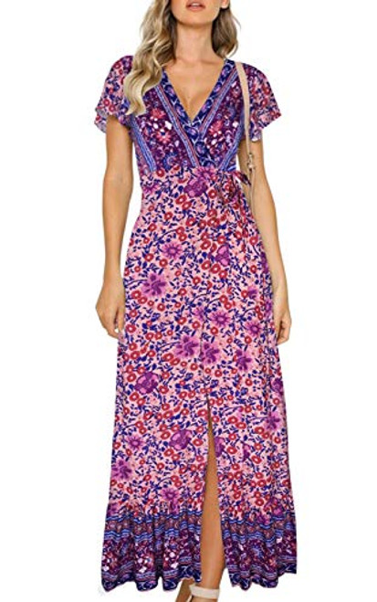 ZESICA Women s Bohemian Floral Printed Wrap V Neck Short Sleeve Split Beach Party Maxi Dress Purple ZESICA Women s Bohemian Floral Printed Wrap V Neck Short Sleeve Split Beach Party Maxi Dress Purple