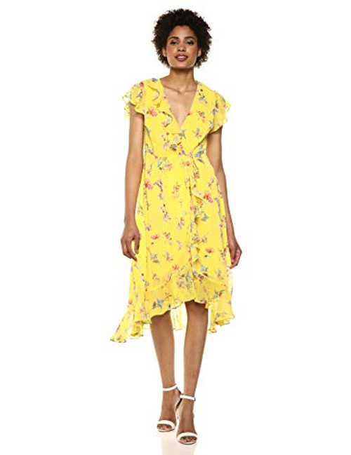 Adrianna Papell Women s Floral Wrap Dress with Flutter Sleeves  Yellow Multi 10