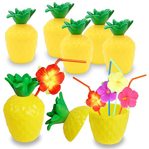 FuturePlusX 12PCS Tropical Pineapple Drink Cups, Plastic Hawaii Party Cups with Straws for Hawaiian Luau Party Summer Beach Party