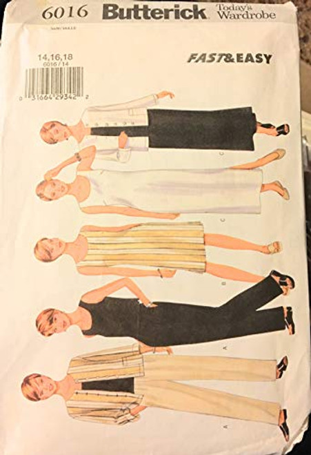 Butterick 6016 Sewing Pattern Misses  Fast   Easy Jacket  Top  Dress and Pants  Sizes 14 16 18