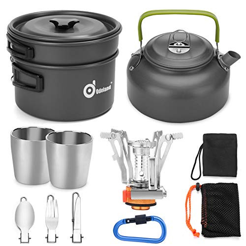 Odoland 12pcs Camping Cookware Mess Kit with Mini Stove  Lightweight Pot Pan Kettle with 2 Cups  Fork Spoon Kit for Backpacking  Outdoor Camping Hiking and Picnic
