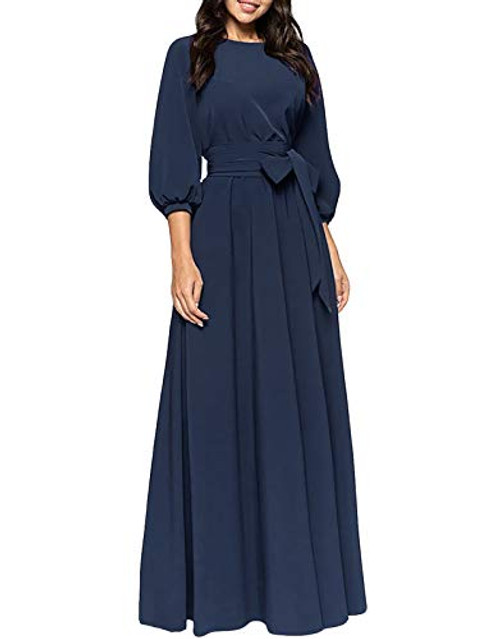 AOOKSMERY Women Elegance Audrey Hepburn Style Round Neck 3 4 Puff Sleeve Swing Maxi Dress Long Belt Dresses with Pockets  Navy  Small