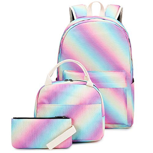 Girls Backpack School Kids Rainbow Backpack with Lunch Bag and Pencil Case 3 in 1 Teens Bookbags Set