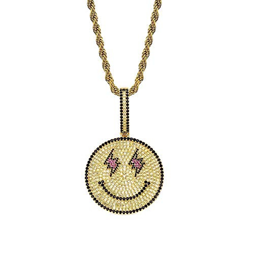 JINAO Hip Hop Iced Out Cubic Zirconia Big Happy Smiley Face Pendant Gold Plated Face Fully Diamond Emotion Necklace with Rope Chain for Men Women Gold JINAO Hip Hop Iced Out Cubic Zirconia Big Happy Smiley Face Pendant Gold Plated Face Fully Diamond Emotion Necklace with Rope Chain for Men Women Gold