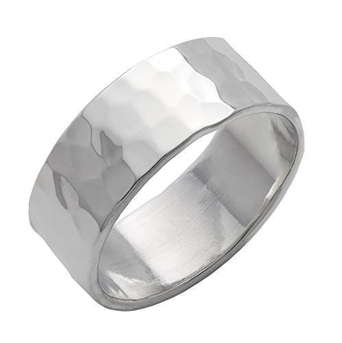 Silverly Men s Women s  925 Sterling Silver Hammered Polished Finish 8mm Flat Top Band Ring
