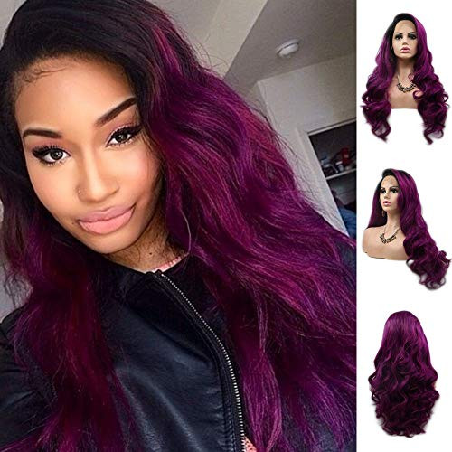 RainaHair Rihanna Hair Black Roots Dark Purple Synthetic Lace Front Wig Long Wavy Ombre Purple Heat Resistant Fiber Wig Halloween Cosplay Party Women Wigs 24inch RainaHair Rihanna Hair Black Roots Dark Purple Synthetic Lace Front Wig Long Wavy Ombre Purple Heat Resistant Fiber Wig Halloween Cosplay Party Women Wigs 24inch