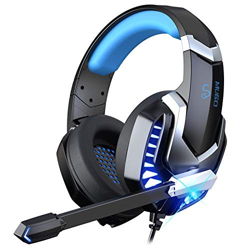 MuGo Gaming Headset for PC  Over Ear Headphones with Noise Canceling Mic  PS4 Headset with Soft Memory Earmuffs  LED Light  3D Stereo Surround Sound Gaming Headphones for Xbox One  Mac  Laptop  Blue