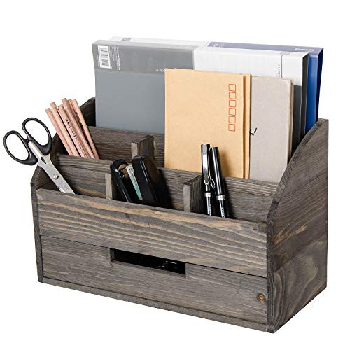 Liry Products Rustic Brown Wooden Desk Organizer Office Supplies Multiple Compartments Drawer Tiers Desktop Storage Box Vintage Tabletop Shelf Rack Mail Stationery Caddy Sorter Counter Divider Home