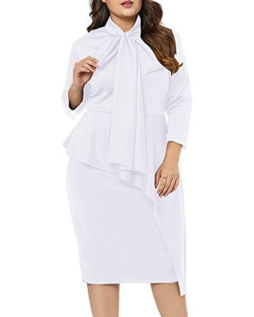 LALAGEN Women s Plus Size Long Sleeve Peplum Tie Neck Bodycon Pencil Midi Dress White XXXXL
