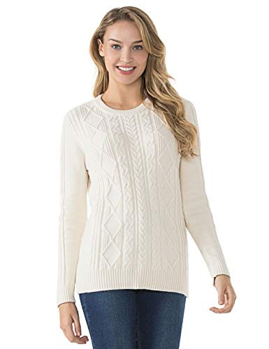 PrettyGuide Women s Sweater Crewneck Cable Knit Long Sleeve Pullover Tops M Ivory