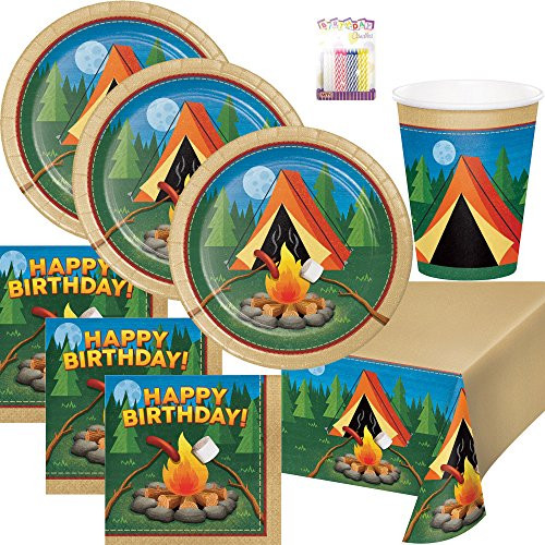 Camp Out Camping Theme Birthday Party Supplies Pack Serves 16: Dinner Plates, Luncheon Napkins, Cups, Table Cover and Birthday Candles