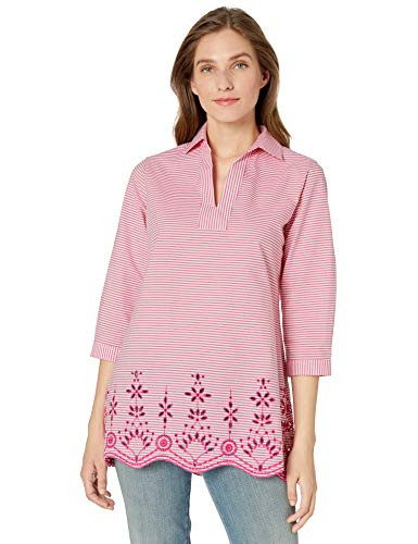 Foxcroft Women s Plus Size Costa Stripe Embroidery Tunic  Flamingo  18W