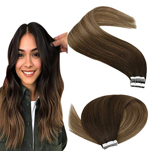YoungSee Balayage Tape in Hair Extensions Human Hair Ombre Dark Brown to Golden Brown with Blonde Remy Hair Extensions Tape in Human Hair 16 Inch 20pcs 50g