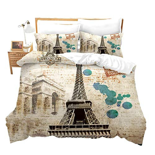 Feelyou Boys Girls Duvet Cover Set Twin for Kids Eiffel Tower Bedding Set 3D France Paris Print Comforter Cover Famous City Scene Bedspread Cover Retro Microfiber Quilt Cover Decorative Bed Cover