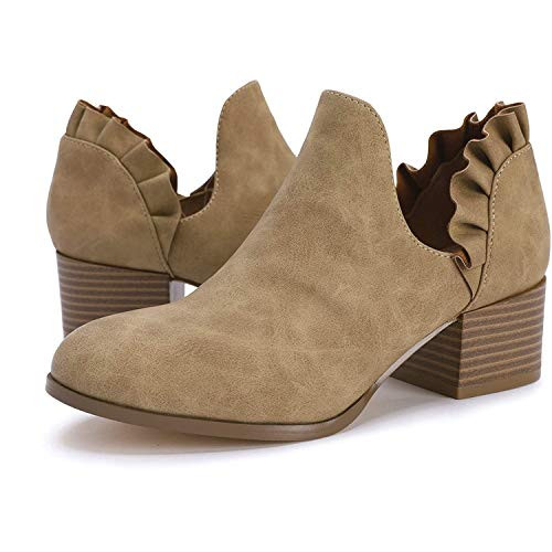 Ermonn Womens Ruffle Ankle Boots V Cut Out Pointed Toe Booties Chunky Low Heel Slip on Western Shoes Camel