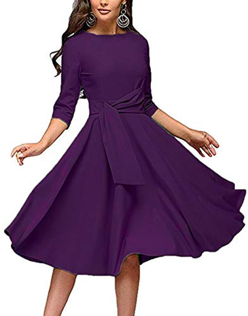 Women s Elegance Audrey Hepburn Style Ruched Dresses Round Neck Short Sleeve Pleated Swing Midi A line Dress with Pockets Purple  Medium