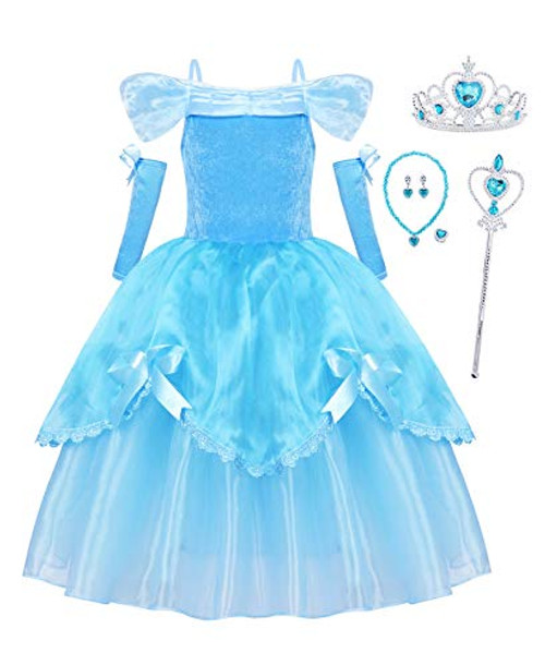 HenzWorld Little Girls Clothes Outfits Dresses Princess Costume Layered Skirt Role Pretend Halloween Cosplay Birthday Party Blue Kids Age 9 10 Years Old