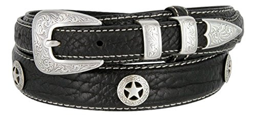Western Silver Engraved Rodeo Star Ranger Genuine Leather Bison Belt for Men  Black  36