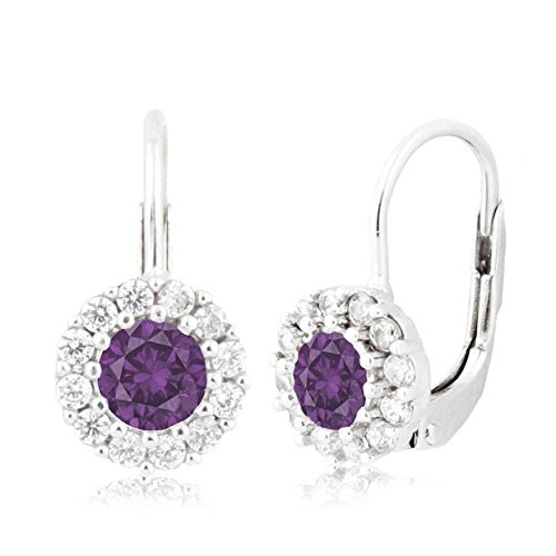 UNICORNJ Children s Tweens Sterling Silver 925 Purple CZ Halo February Birth Month Leverback Earrings 4mm Italy