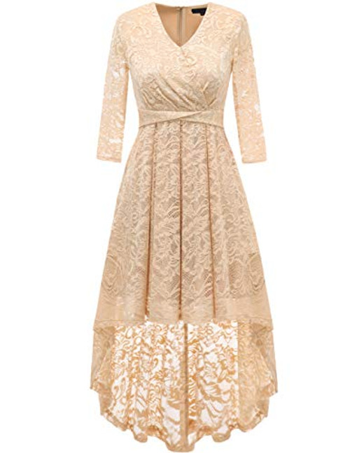 DRESSTELLS Women s Vintage Floral Lace 3 4 Sleeves Dress Hi Lo Cocktail Party Swing Dress Champagne M DRESSTELLS Women s Vintage Floral Lace 3 4 Sleeves Dress Hi Lo Cocktail Party Swing Dress Champagne M