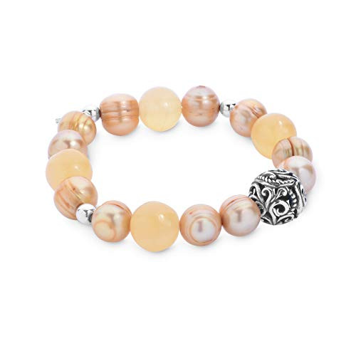 Carolyn Pollack Sterling Silver Shades of Yellow Calcite   Dyed Freshwater Cultured Pearl Stretch Bracelet   Small to Medium