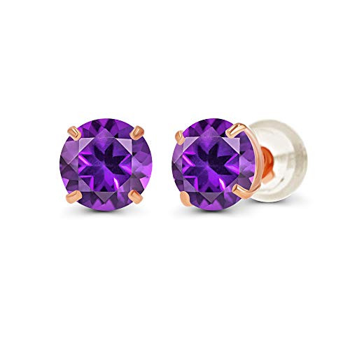 14K Solid Rose Gold 4mm Round Natural Purple Amethyst February Birthstone Prong Set Stud Earrings For Women and Girls
