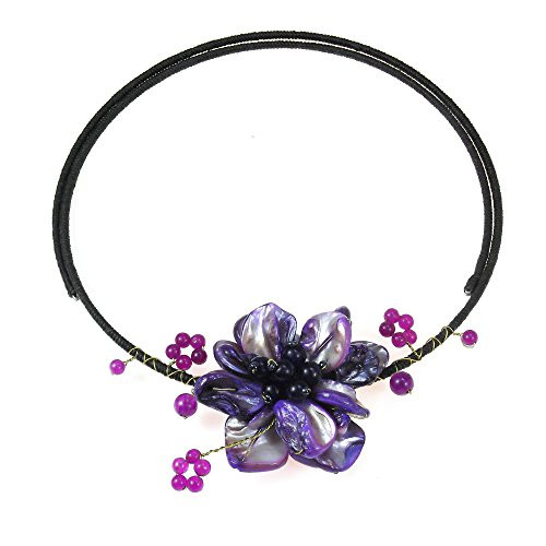 AeraVida Purple Mother of Pearl Shell Simulated Amethyst Floral Wire Cotton Wax Rope Choker Necklace AeraVida Purple Mother of Pearl Shell Simulated Amethyst Floral Wire Cotton Wax Rope Choker Necklace
