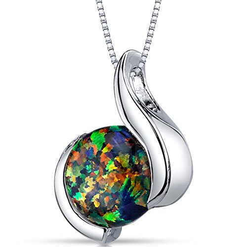 Created Black Opal Pendant Necklace Sterling Silver Round Cabochon 1 75 Carats