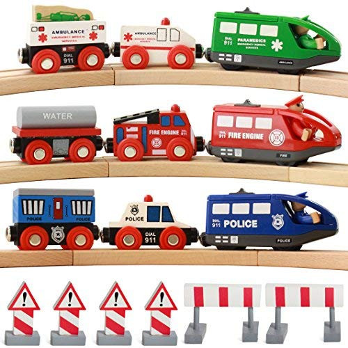 On Track USA Battery Operated Action Rescue Trains, Includes 3 Motorized Engines and 6 Cars, Compatible for Wooden Tracks from All Major Brands (Batteries Not Included) On Track USA Battery Operated Action Rescue Trains, Includes 3 Motorized Engines and 6 Cars, Compatible for Wooden Tracks from All Major Brands (Batteries Not Included)