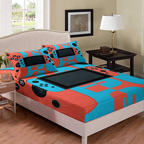 Erosebridal Gamepad Fitted Sheet for Kids Boys Children Teens Modern Gamer Bedding Set Video Game Controller Pattern Sheet Set Vintage Blue Bed Cover Lightweight Decorative Room Full Size