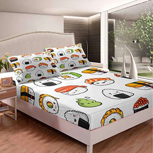 Sushi Pattern Bedding Set Japanese Style Bed Sheet Set for Kids Boys Girls Teens Food Theme Fitted Sheet Cute Cartoon Japanese Sushi Bed Cover Room Decor Full Size Sushi Pattern Bedding Set Japanese Style Bed Sheet Set for Kids Boys Girls Teens Food Theme Fitted Sheet Cute Cartoon Japanese Sushi Bed Cover Room Decor Full Size