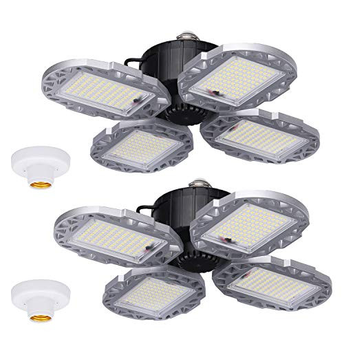 LED Garage Lights  100W Garage Lighting  E26 E27 11000LM High Bay Deformable LED Garage Ceiling Lights with 4 Adjustable Panels  6000K LED Shop Lights for Garage Basement Workshop  2 Pack
