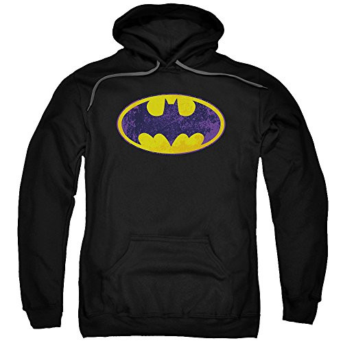 Batman DC Comics Neon Distressed Yellow Purple Bat Logo Adult Pull Over Hoodie