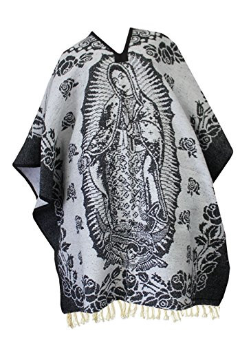 Del Mex Authentic Mexican Poncho Cobija Blanket   Virgen Guadalupe Virgin Mary  Black White