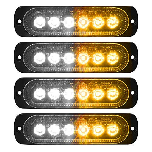 VKGAT 4pcs Sync Feature 6LED Car Truck Emergency Beacon Warning Hazard Flash Strobe Light Surface Mount (Amber/White)