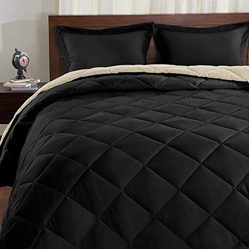 Basic Beyond Down Alternative Black Cream Comforter Set Queen   Reversible Bed Comforter with 2 Pillow Shams for All Seasons